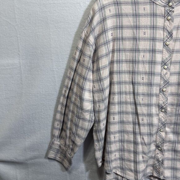 XIRENA Plaid Jensen Flannel  Top Size L Oversized Boxy Pearl Snap Ruffle Neck - Picture 6 of 13